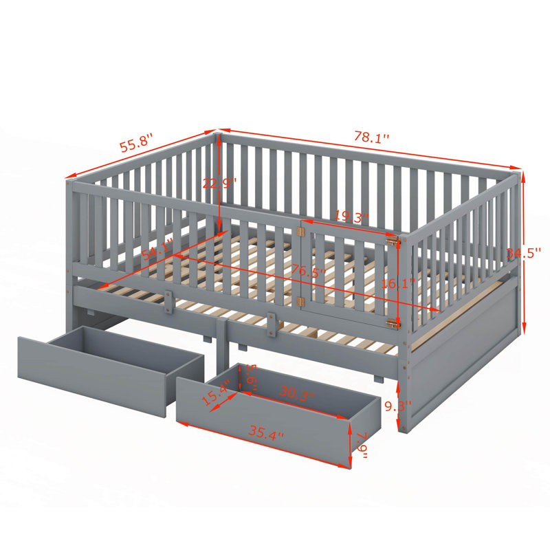 Joshau Wood Daybed with Fence Guardrails and 2 Drawers, Grey