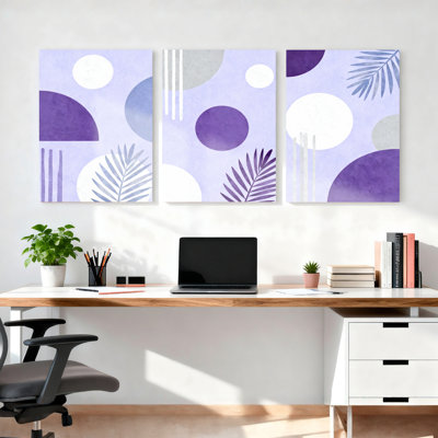 Motifs géométriques abstraits mauves et blancs avec feuilles tropicales, art mural sur toile, impression minimaliste moderne (ensemble de 3)