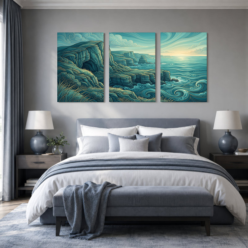 Art mural sur toile, "Falaises côtières robustes et vagues bleues tourbillonnantes", 18"H x 12"W x 3pcs