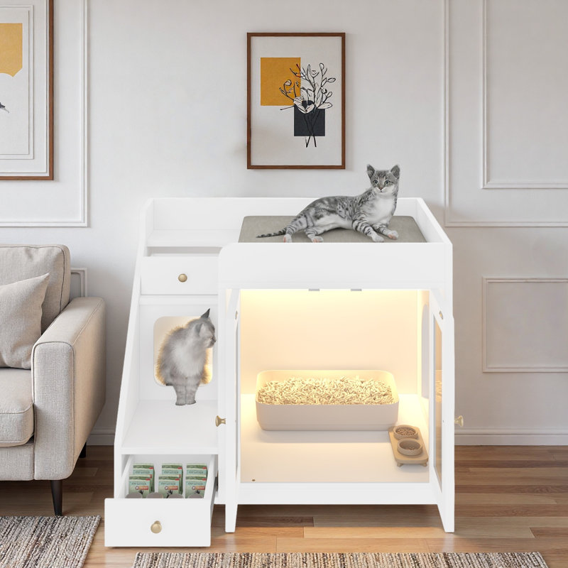 Enceinte de litière pour chat avec lumière, 2 tiroirs de rangement et maison pour chat confortable, Blanc