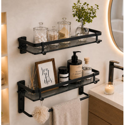 Glass Shelf for Bathroom Bathroom Shelves Wall Mounted Tempered Glass Shelving with 4 Removable Hooks