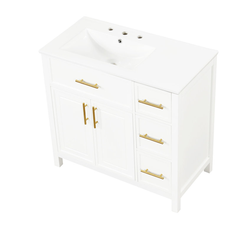 Meuble-lavabo de 36 po avec comptoir d'évier Sardor, armoire de meuble-lavabo avec deux portes et trois tiroirs, bois massif, panneaux de fibres à densité moyenne, un paquet, blanc cassé