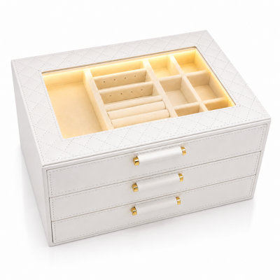 Lighted Jewelry Organizer, 3 Drawers, Glass Display Lid & LED Lighting