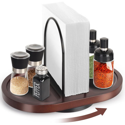 Walnut Rotating Napkin Holder with Salt & Pepper Shaker Storage