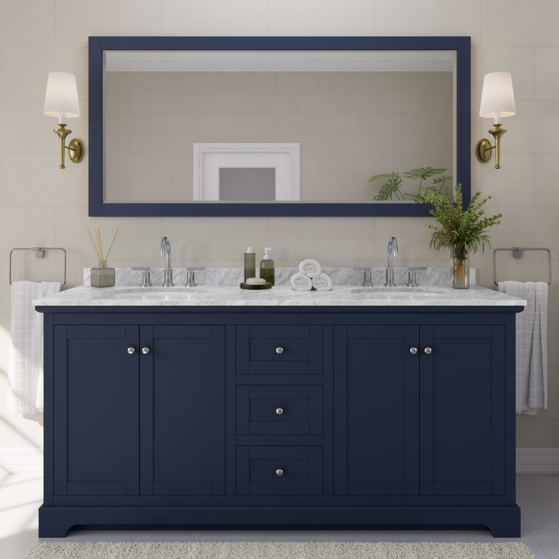 Avery 72'' Double Bathroom Vanity with Top, Dark Blue, Polished Chrome