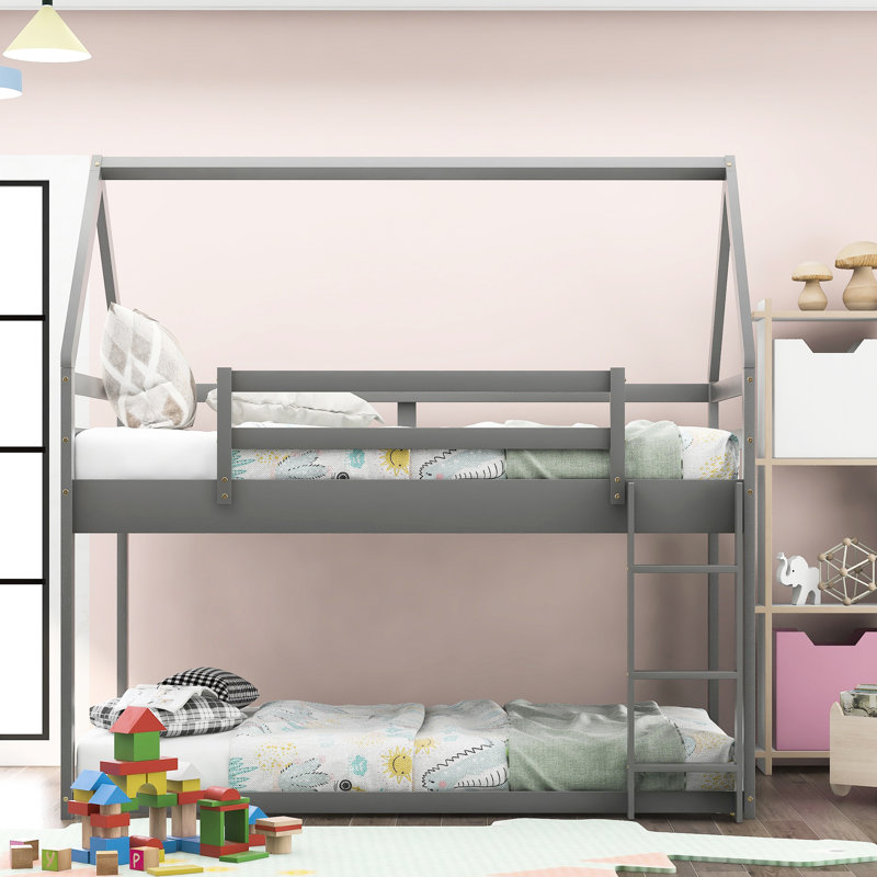 Bunk Bed Twin Over Low Gray - House-Shaped For Sound Sleep With House Style Sweet Dreams, Gray