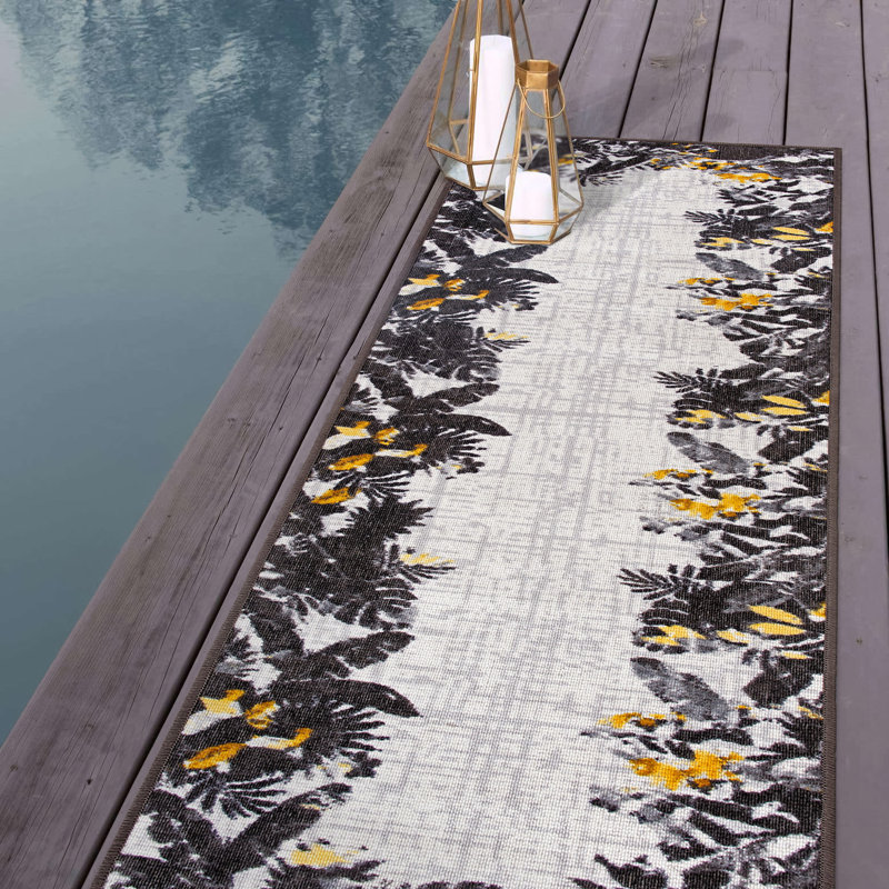 Jann Floral Black/Yellow/Ivory, Indoor/Outdoor Area Rug, Runner 2' x 7'