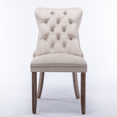 A&A Furniture, chaise de salle à manger rembourrée en velours de bois massif haut de gamme avec pieds en bois et garniture cloutée, beige, SW2001DBG, paquet de 1