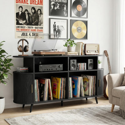 55 in Record Player Stand with Charging Station & USB Ports, Record Storage Cabinet with Fluted Sliding Doors, Audio Rack for Bedroom, Living Room, Black