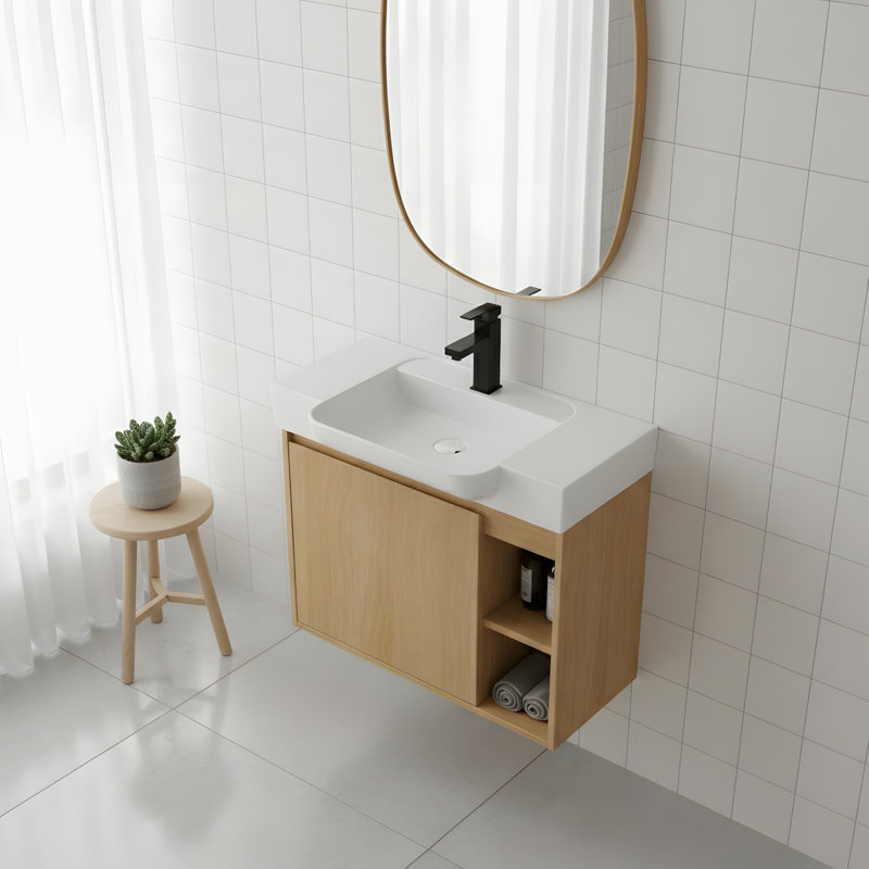 Meuble-lavabo mural compact, 27", Chêne clair