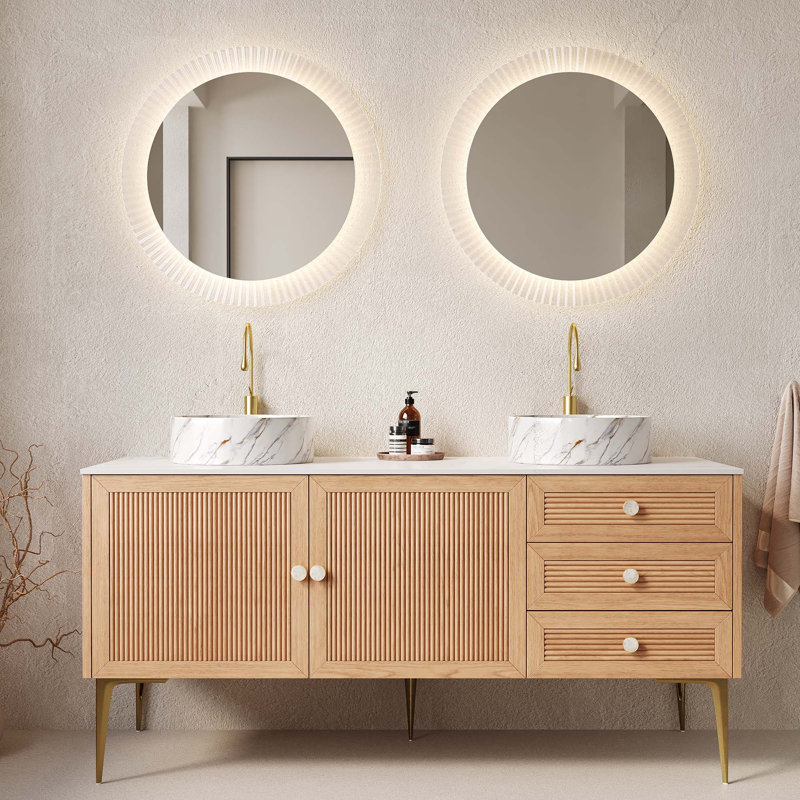 Meuble-lavabo 60 po avec 2 lavabos, 3 tiroirs et 2 portes, lavabo en céramique sans robinet, pré-assemblé