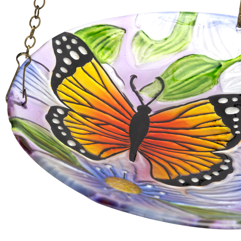 Mangeoire à oiseaux suspendue en verre 10 "avec fleurs et papillon