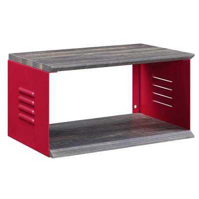 Red Accent Table With Movable Caster And Wall Mounted Storage Unit Rectangular Metal Base Wood Plywood Top