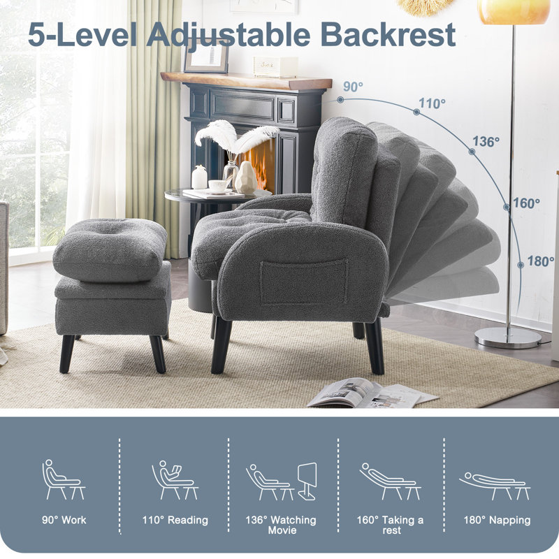 Elandra Upholstered Accent Chair and Ottoman, with 5 Level Adjustable Backrest, Gray Teddy Fleece
