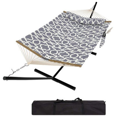 Double Hammock with Adjustable Foldable Steel Stand & Balance Rope, Heavy Duty Portable Outdoor Hammock Supports Up to 450 LBS for Patio, Backyard, Garden and Beach, Light Grey