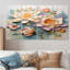 Ensemble de 4 fleurs de lotus rose et pastel sur fond bleu rétro - lotus pour salon-1168798558