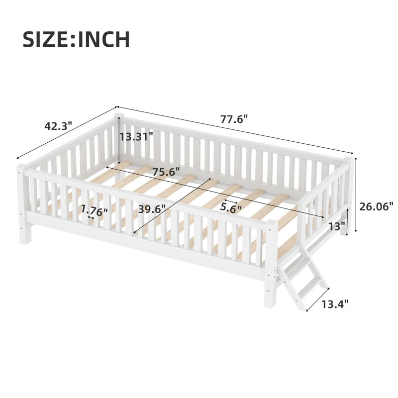 Lit simple pour enfant avec garde-corps et 2 tiroirs, Blanc
