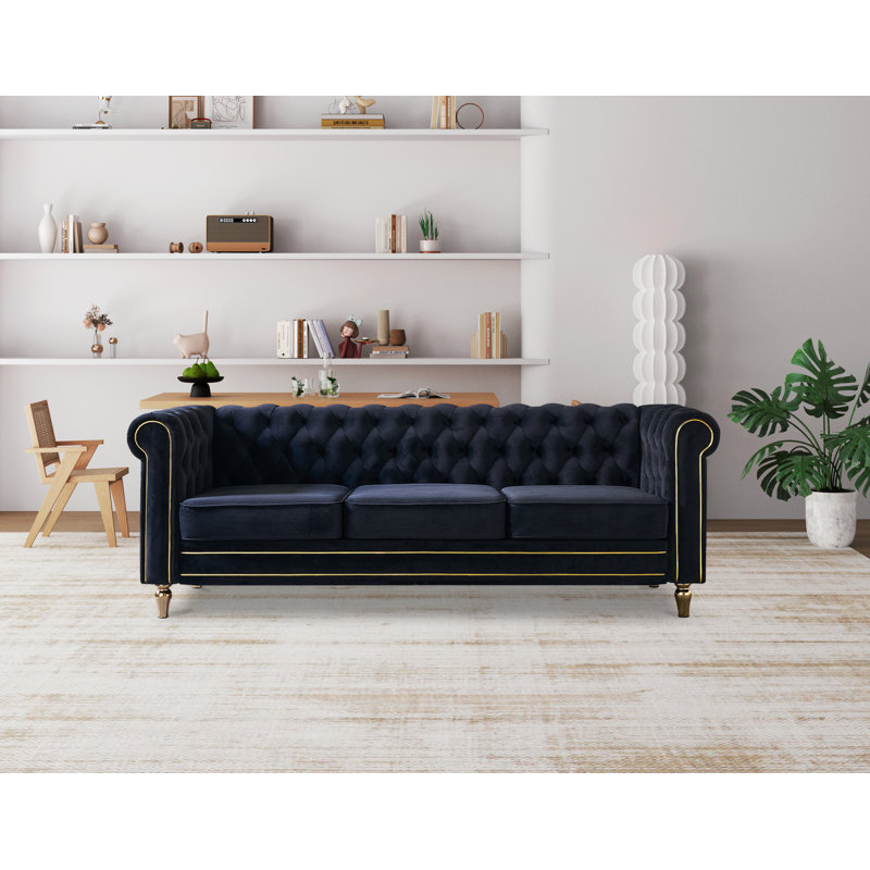 Canapé Chesterfield en velours à accoudoirs roulés 84,65 po Gereron, Noir