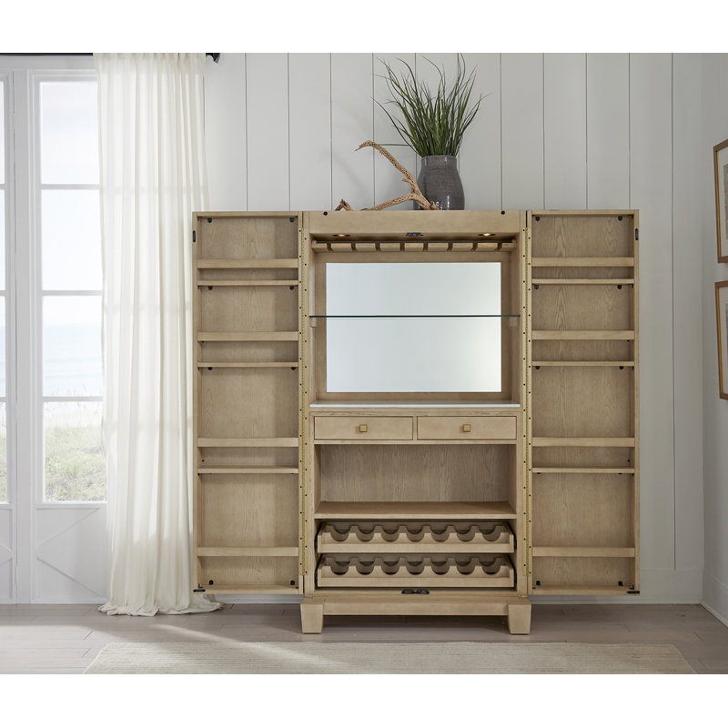 American Heritage Port Royal Bar Cabinet with Wine Rack, Stemware Storage, and Granite Worktop, White Oak Finish