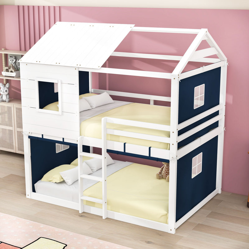 Wood Bunk Bed With Tent, Full, Blue White