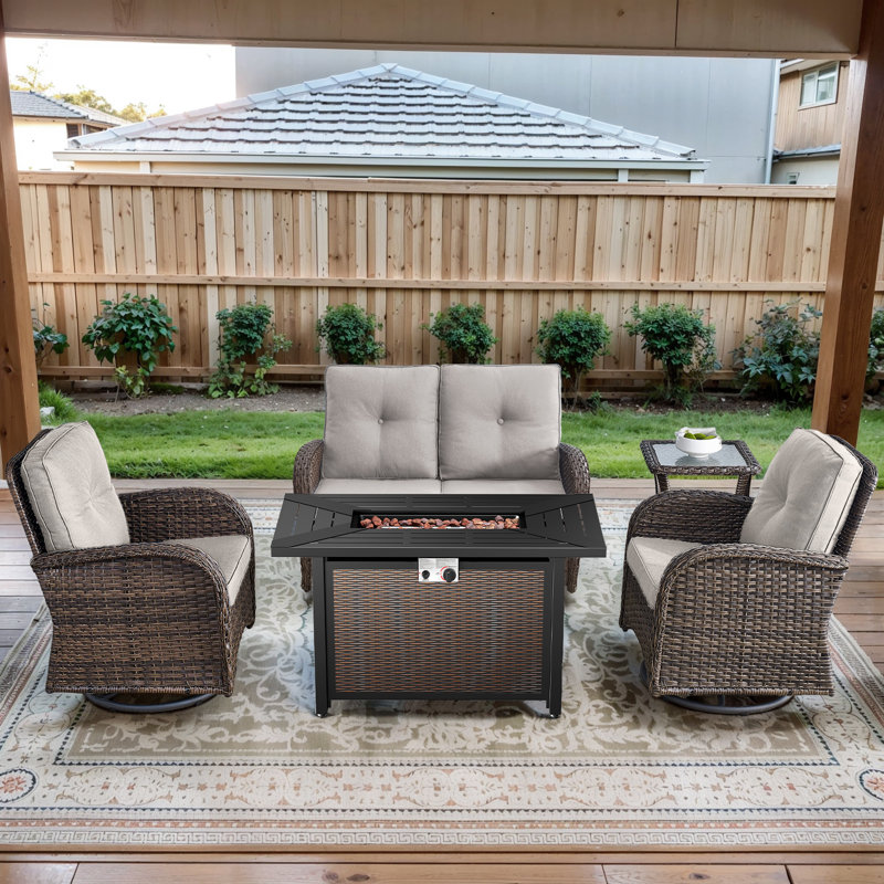 Aluel 5-Pieces Outdoor Fire Pit Table Combination Set, Beige