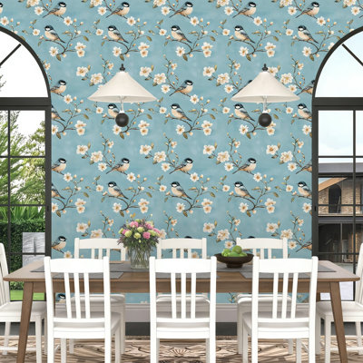Papier peint adhésif rétro avec motif floral, oiseaux et motifs floraux, vinyle imperméable amovible auto-adhésif pour les murs, les meubles et la décoration intérieure