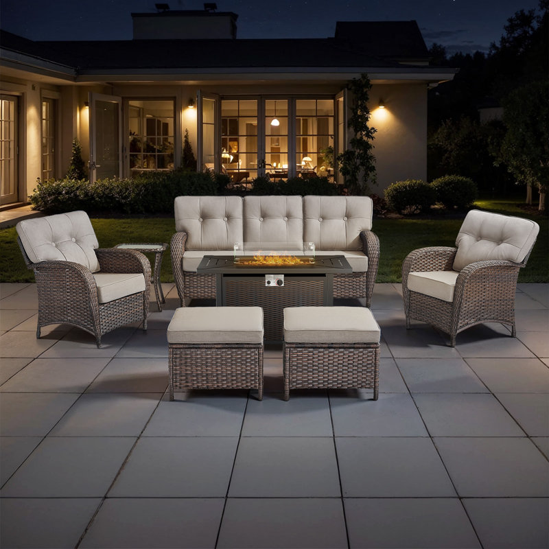 Agnes 5-Person Outdoor Rattan Patio T-Back Cushions Conversation Furniture Set With Fire Pit Table, Beige
