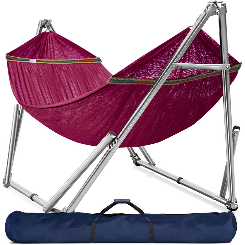  Double Hammock with Stand 650lb Capacity Double Hammock with Spreader Bar, Solid Grade 201 Stainless Steel 30s Set Up, Sturdy Flexible Portable, Outdoor Indoor, Red