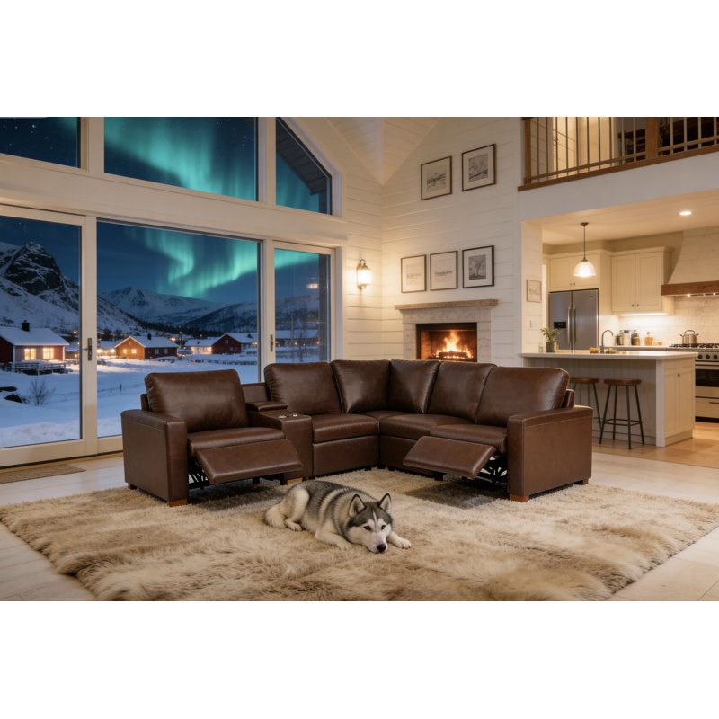 132" W Hudson Recliner Leather-Matched Sectional, Brown Leather Match