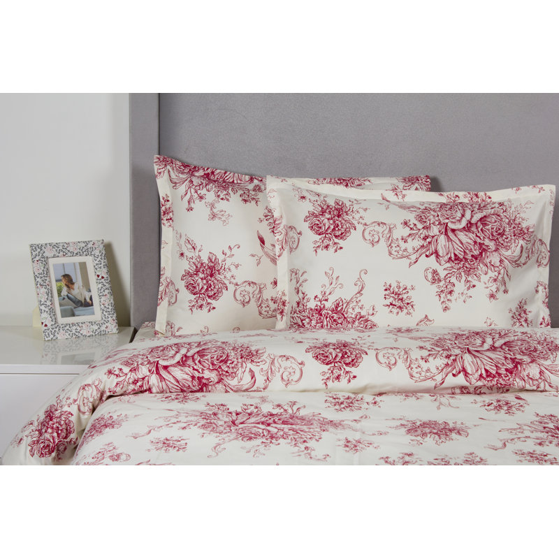 Benedictine Sateen Toile Duvet Cover, Red, King Duvet Cover + 2 King Shams