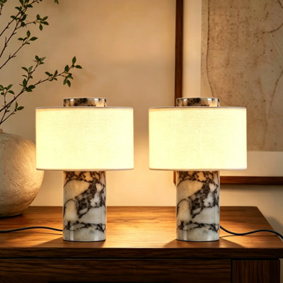 Marble Artistic Touch Control Table Desk Lamp with Fabric Shade, 3 Color Temperatures Plug‑in Bedside Lamp for Living Room Bedroom Home Decor