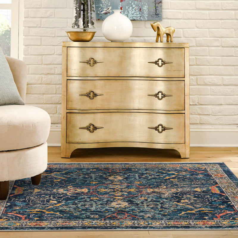 Tapis bleu marine à motif floral Alkire, Carré 7 pi 10 po