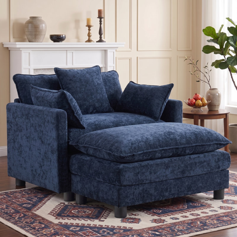 Fauteuil d'appoint surdimensionné en chenille avec repose-pieds, Bleu