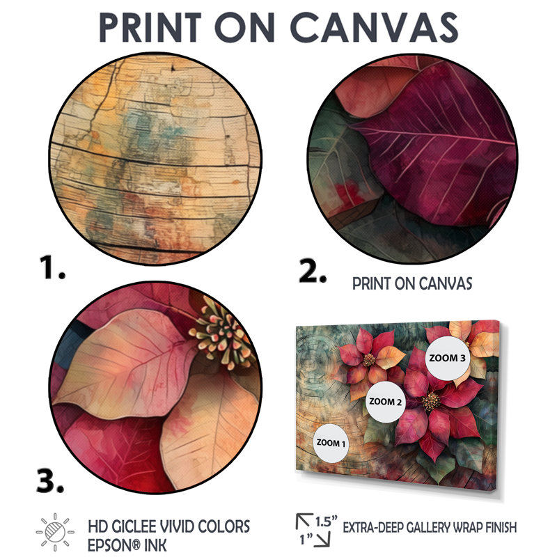 Fleurs de poinsettias rouges sur une glissade en bois IV - art mural poinsettias, H 16 po x l 32 po, Cadre simple noir