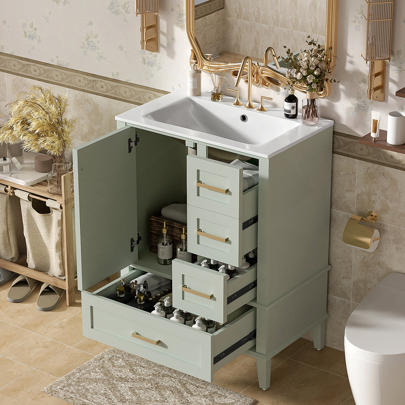 Meuble-lavabo de salle de bain avec lavabo en céramique, armoire autoportante moderne avec porte à fermeture en douceur, tiroir profond
