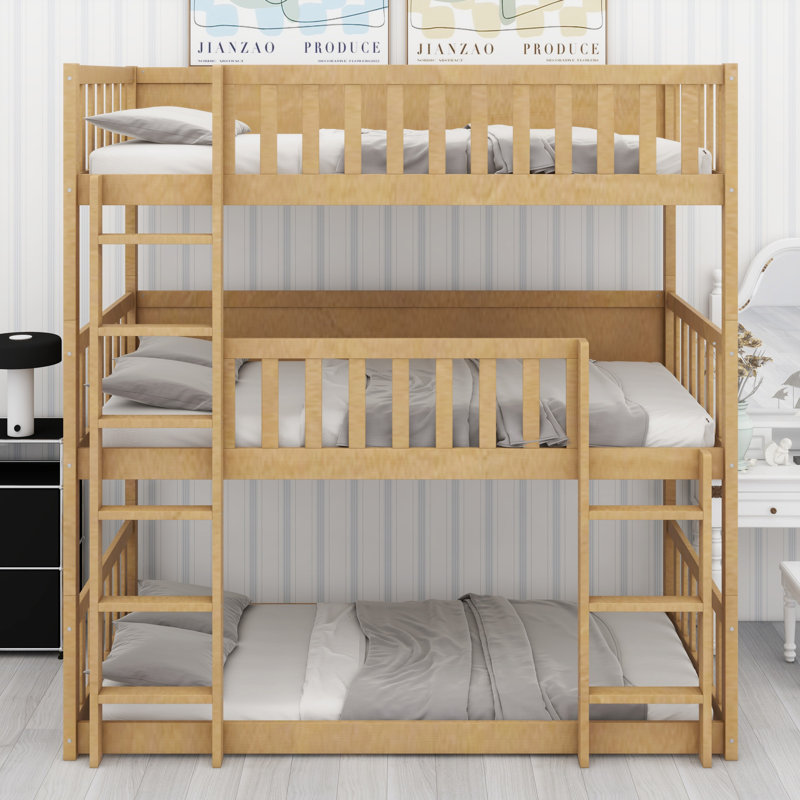 Triple Wood Bunk Bed, With Ladders, Guardrails Detachable Bunk Bed, White Oak
