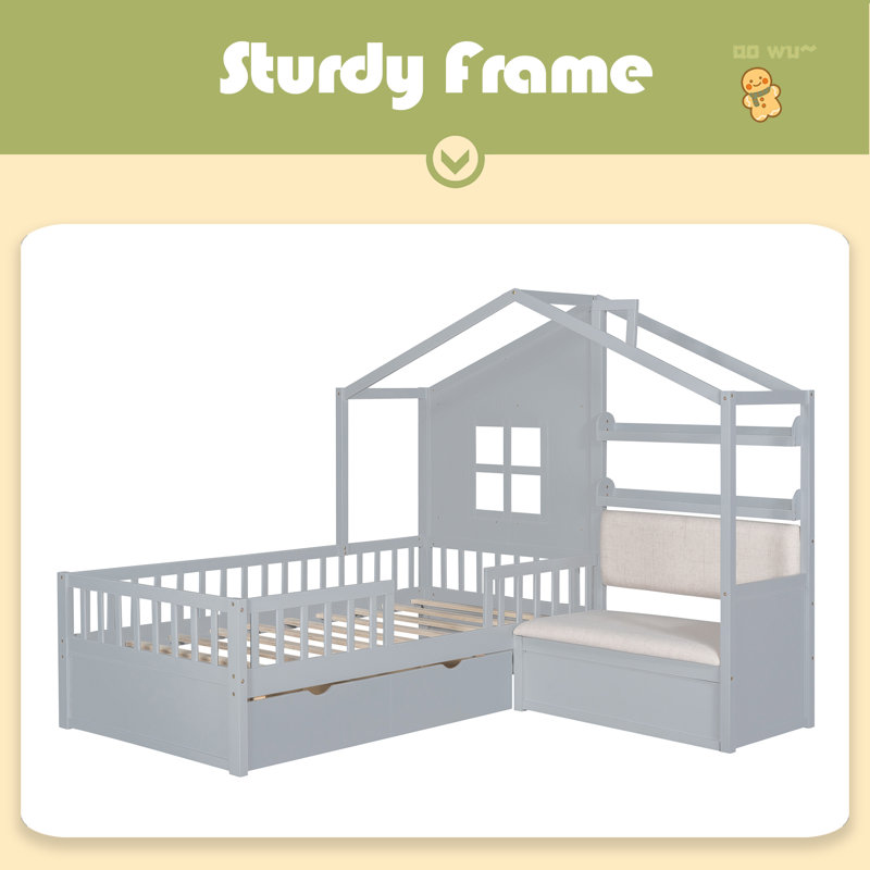 Twin Size House Bed With Sofa, Kids Platform Bed With Two Drawers And Storage Shelf, Gray
