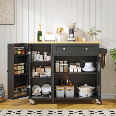 Kitchen Island with Drop Leaf, Island Table on Wheels, Modern Sideboard Buffet with Doors and Storage Pantry Door by Lark Manor