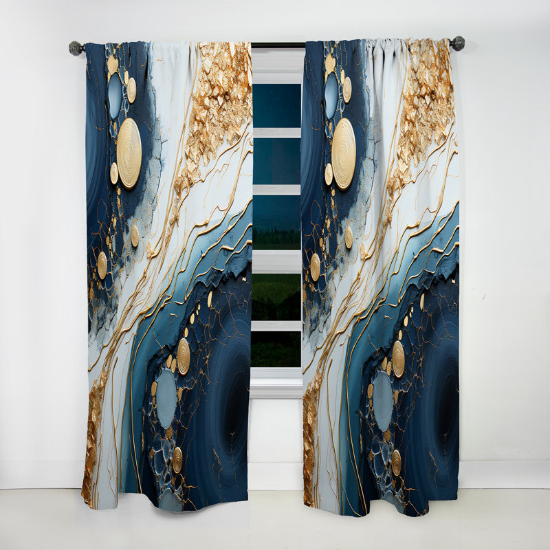 Sveta doré et bleu abstrait liquide Art I - Rideau moderne - Velours obscurcissant - 1 panneau, L 52 po x L 95 po