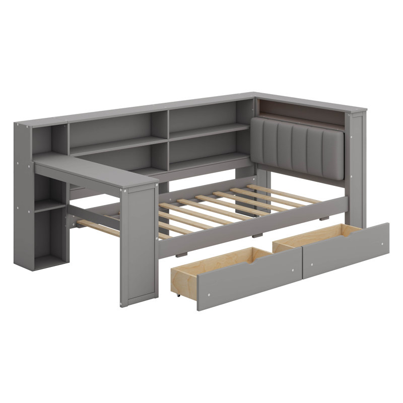 Wood Platform Bed – Storage Shelves, Drawers, Charging Station, LED, Desk & Upholstered Headboard Included, Twin, Gray