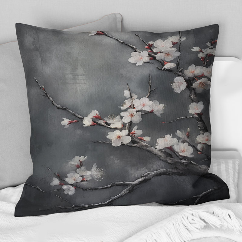 Coussin Cherry Blossoms - blanc sur 20 nuances de gris