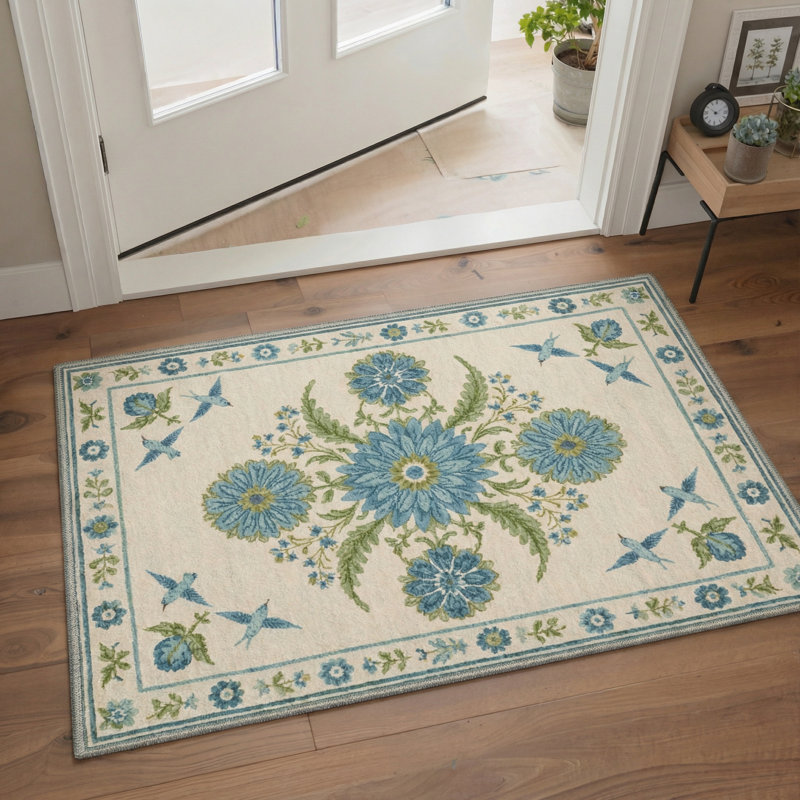 Tapis d'intérieur bleu / beige / vert à motif floral lavable à la machine Aura, Rectangle 6 pi x 9 pi