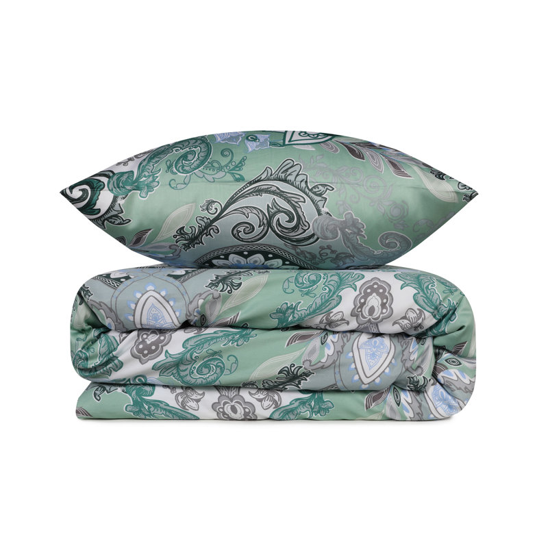Ensemble de housse de courtepointe luxueuse en satin très grand (3 pièces), menthe et vert, 94,5 po x 86,6 po | 100% satin de coton, contexture de 210 fils | Lavable à la machine, housse de couette et enveloppe à boutons | Une literie élégante pour les chambres élégantes