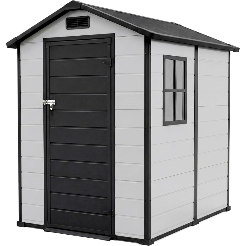 4x6 FT Plastic Resin Outdoor Storage Shed with Floor, Window, Sloping Roof and Lockable Door for Garden and Patio, Black