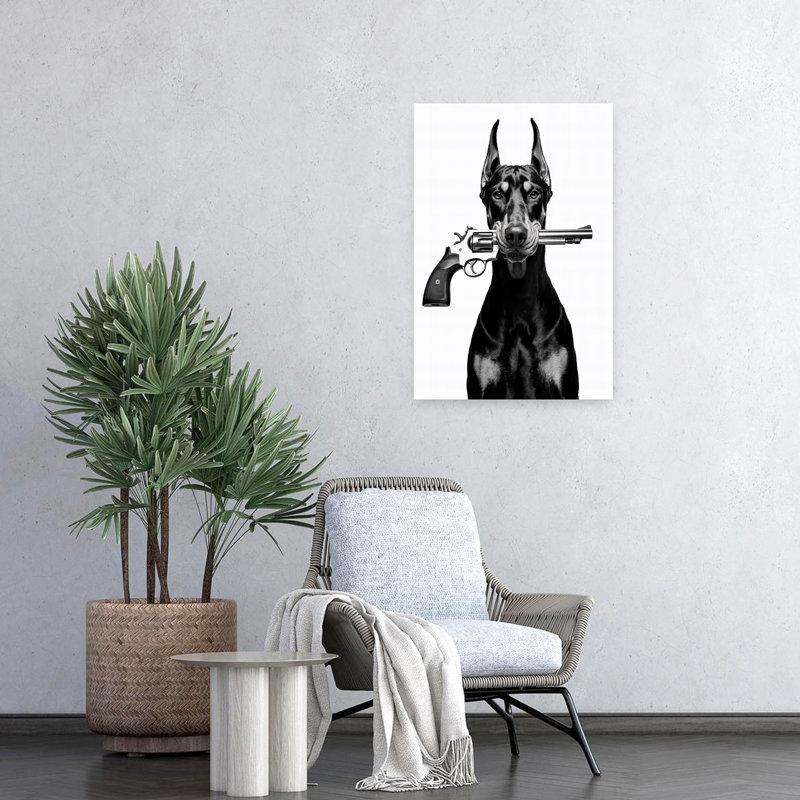 «Doberman with Revolver Dramatic Contemporary Portrait», art mural, 24" H x 16" W