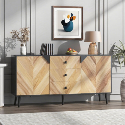 55.1 Inch 3 Drawer Storage Cabinet with Adjustable Shelf & Doors, Modern Sideboard Buffet Cabinet with Storage, Free Standing Accent Cabinetry for Din by George Oliver