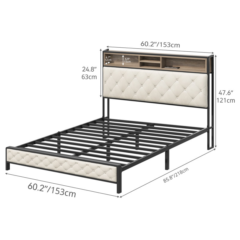Bookcase Upholstered Storage Bed with Built-In Charging Station, Queen
