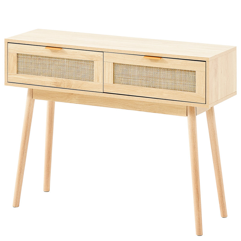Console en rotin avec 2 tiroirs de rangement, table d'entrée en rotin avec porte coulissante en rotin naturel, table console pour salon, bureau, entrée ou mur de télévision, naturel