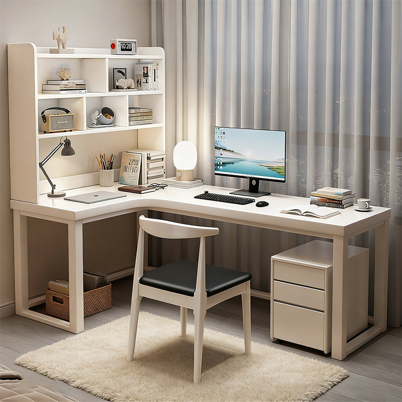 Bureau d'angle en L en bois massif avec bibliothèque intégrée, H 74,8 po x l 55,12 po x P 39,37 po, White/White