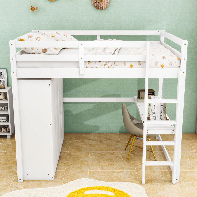 Lit mezzanine double avec garde-robe et bureau, Blanc